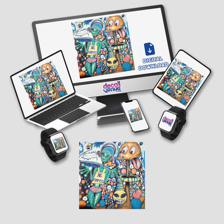 A computer monitor and laptop displaying Space Party cartoon characters, available as stickers or digital artwork.