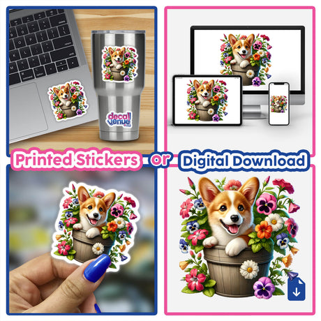 Corgi Dog Peeking Out of Flower Pot