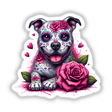 Sugar Skull Roses Pitbull Dog illustration featuring a pitbull adorned with a rose, available as unique stickers or digital artwork, embodying Decal Venue's distinctive style of vinyl and digital art.