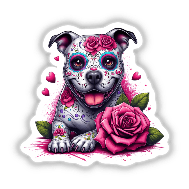 Sugar Skull Roses Pitbull Dog illustration featuring a pitbull adorned with a rose, available as unique stickers or digital artwork, embodying Decal Venue's distinctive style of vinyl and digital art.