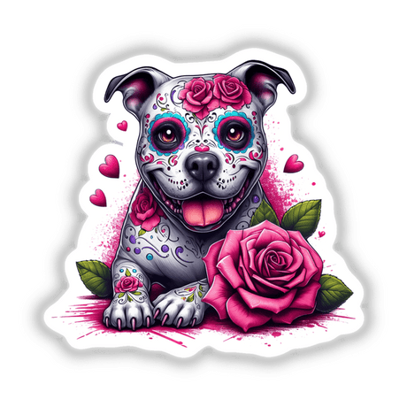 Sugar Skull Roses Pitbull Dog illustration featuring a pitbull adorned with a rose, available as unique stickers or digital artwork, embodying Decal Venue's distinctive style of vinyl and digital art.