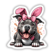 Happy Easter Bunny Pitbull Dog illustration featuring a cartoon pitbull wearing a pink bowtie, available as stickers or digital artwork, reflecting Decal Venue's unique vinyl and digital art offerings.