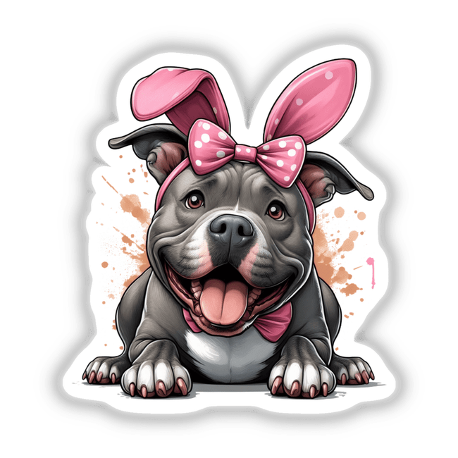 Happy Easter Bunny Pitbull Dog illustration featuring a cartoon pitbull wearing a pink bowtie, available as stickers or digital artwork, reflecting Decal Venue's unique vinyl and digital art offerings.