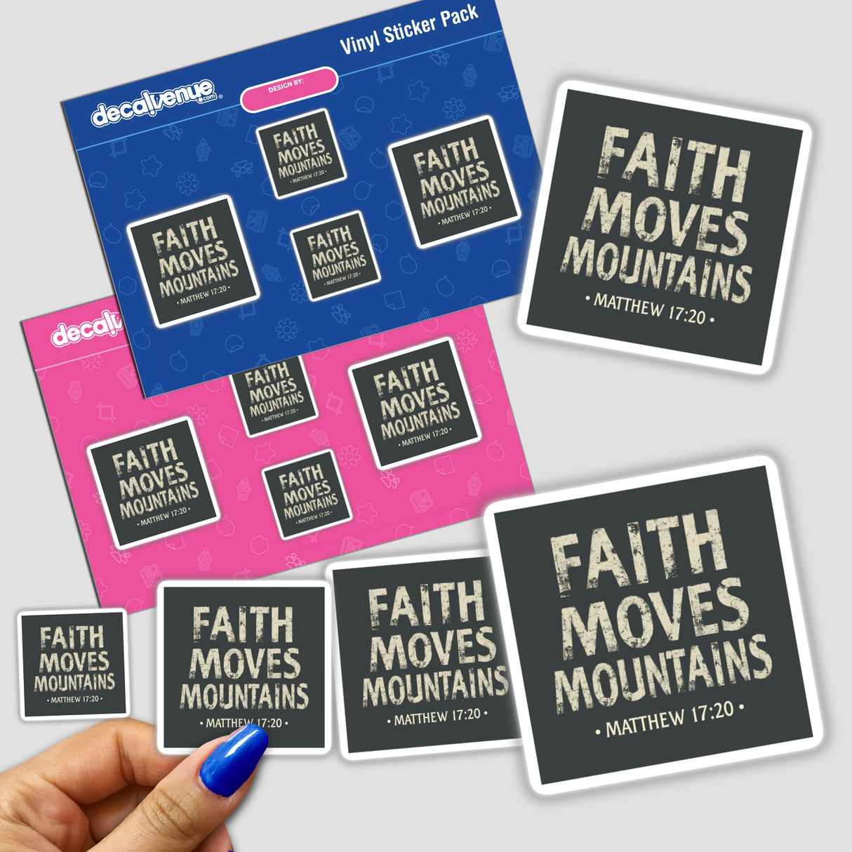 Hand holding a 'Faith Moves Mountains - Matthew 17:20' Christian sticker pack, featuring bold text and unique designs, available as stickers or digital clipart with commercial rights.