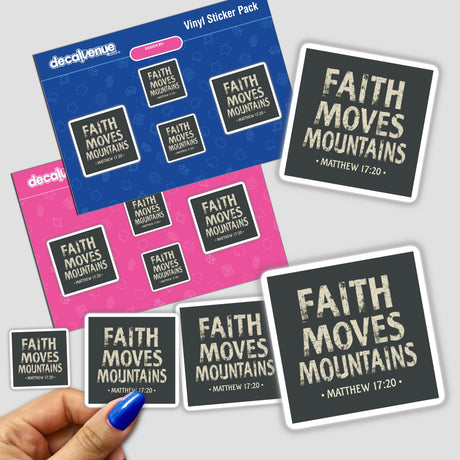 Hand holding a 'Faith Moves Mountains - Matthew 17:20' Christian sticker pack, featuring bold text and unique designs, available as stickers or digital clipart with commercial rights.