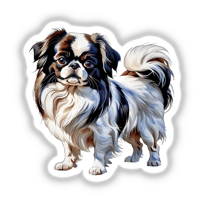 Japanese Chin dog watercolor clipart featuring a long-haired, fluffy-tailed pet. Available as stickers or digital artwork with commercial rights.