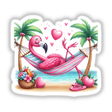 Relaxed pink flamingo resting in striped hammock surrounded by palm trees, tropical flowers, and heart-shaped decorations