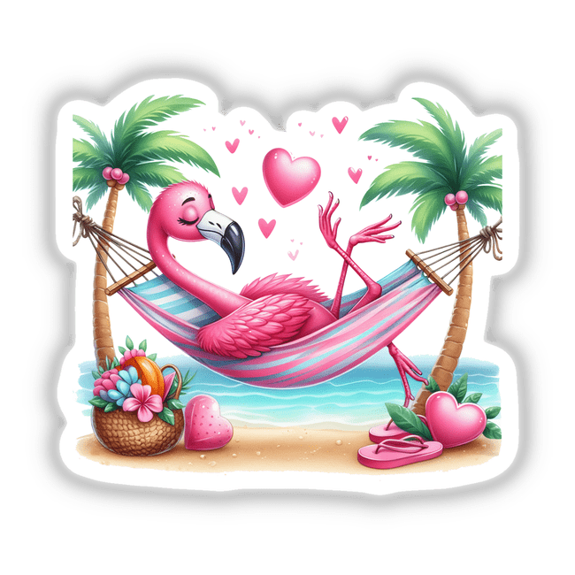 Relaxed pink flamingo resting in striped hammock surrounded by palm trees, tropical flowers, and heart-shaped decorations