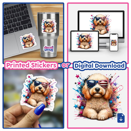 Party in the USA Goldendoodle Dog featuring a cartoon Goldendoodle wearing sunglasses, available as unique vinyl stickers or digital artwork, embodying playful charm from Decal Venue.