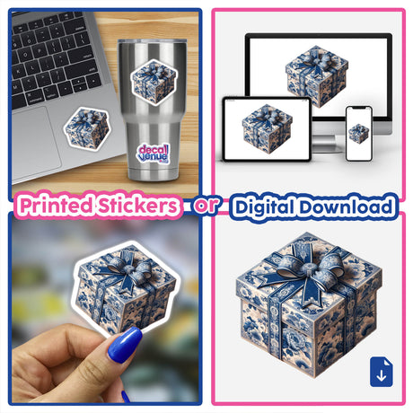 Chinoiserie Gift Box with Bow depicted in a collage, showcasing the intricate design available as stickers or digital artwork, aligning with Decal Venue's unique artistic offerings.