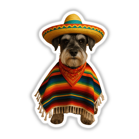 Cinco De Schnauzer – Festive Dog in Sombrero and Serape for Cinco de Mayo, captured as a charming vinyl sticker or digital artwork, showcasing a dog in a sombrero and poncho.