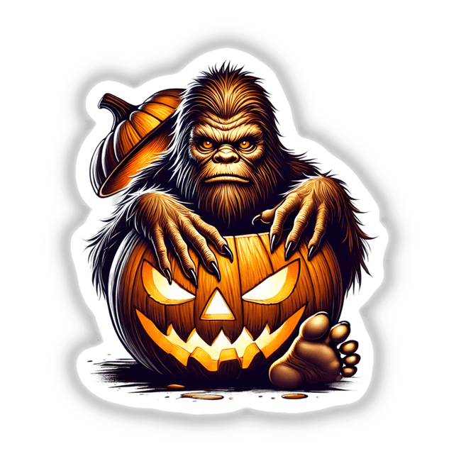 Fierce Sasquatch peering out from Halloween pumpkin - digital spooky artwork