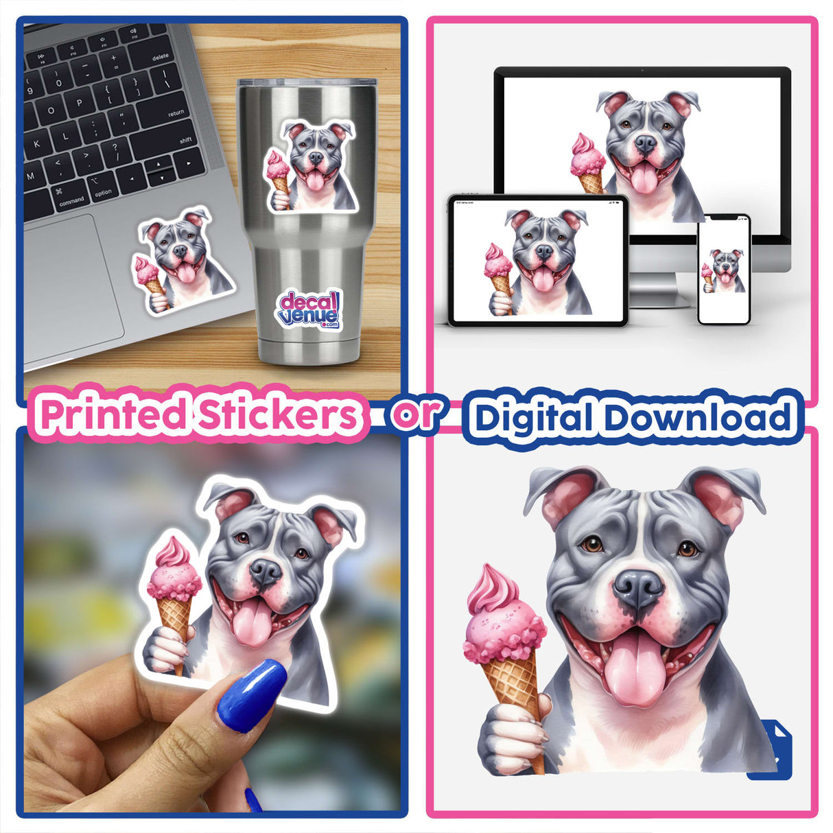 Playful pit bull with ice cream cone digital artwork available as stickers or digital download format from Decal Venue, a store offering unique stickers and digital art created by talented designers.