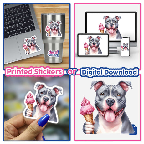 Playful pit bull with ice cream cone digital artwork available as stickers or digital download format from Decal Venue, a store offering unique stickers and digital art created by talented designers.
