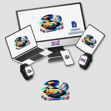 A Cool Retro Spaceship sticker displayed on a laptop screen, showcasing a cartoon spaceship design, available as stickers or digital artwork from Decal Venue.