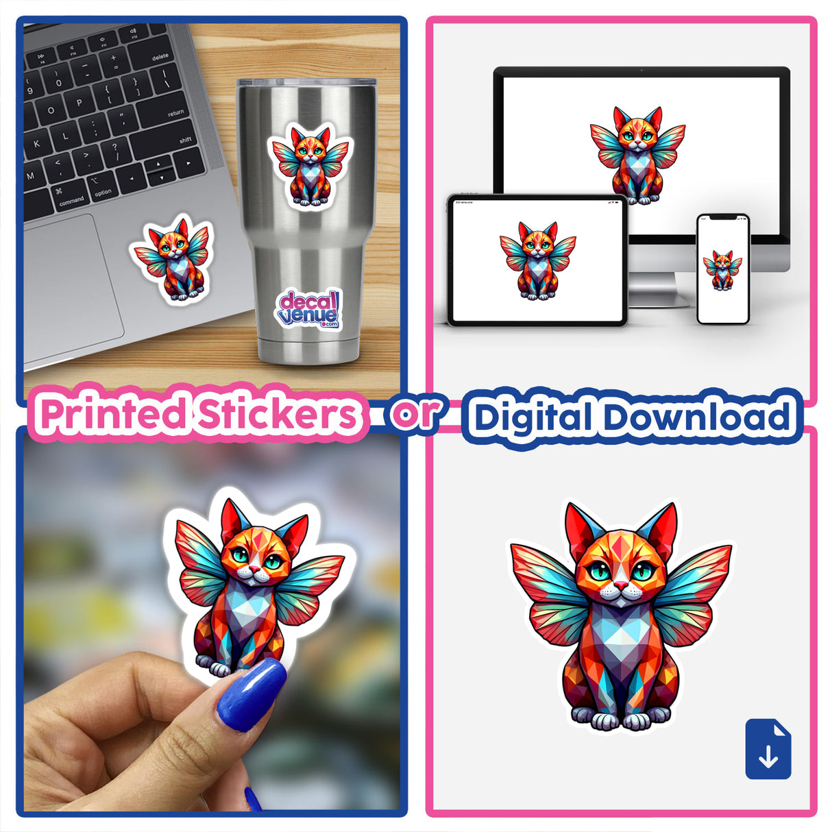 Cute Geometric Fairy Cat sticker on a laptop, featuring a whimsical cat with wings. Available as stickers or digital artwork from Decal Venue, known for unique designs.