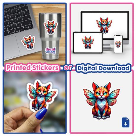 Cute Geometric Fairy Cat sticker on a laptop, featuring a whimsical cat with wings. Available as stickers or digital artwork from Decal Venue, known for unique designs.