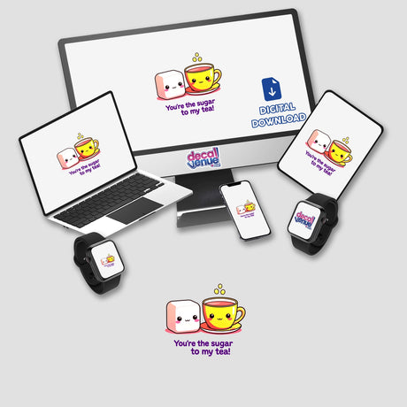 Cartoon faces on a computer monitor and laptop illustrate You're The Sugar To My Tea Funny Love Quote, available as stickers or digital artwork from Decal Venue.