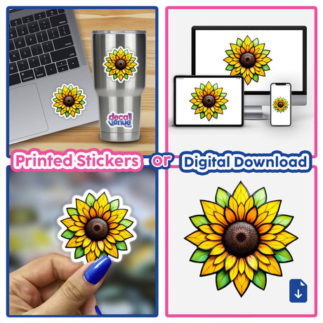 Sunflower Stained Glass Style collage featuring sunflower images, including stickers and digital artwork options, showcasing intricate details and unique designs.