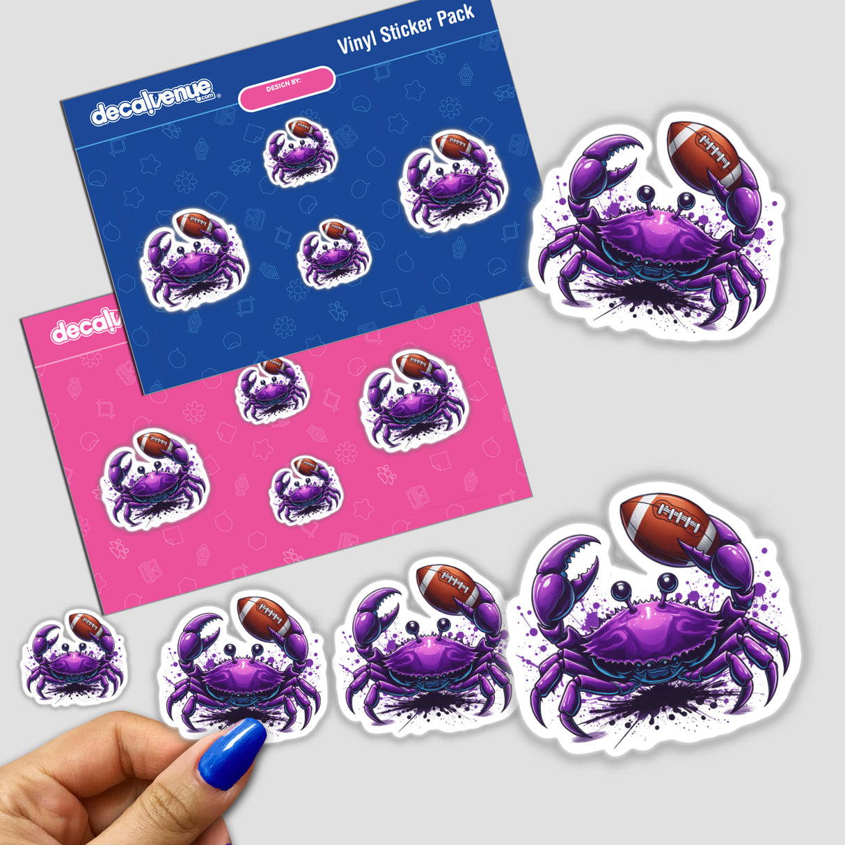 Purple crab holding a football, vibrant digital artwork stickers on display