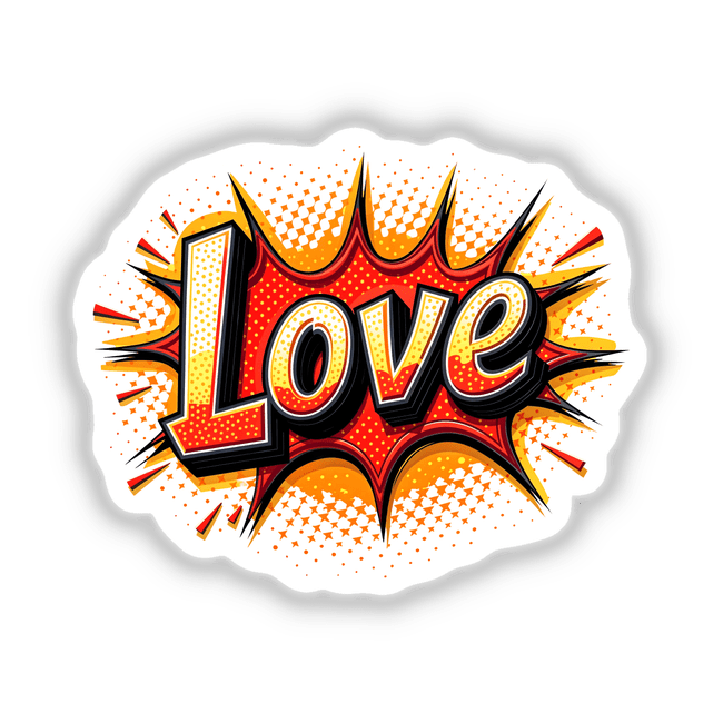Comic book style explosion graphic with the word Love in vibrant letters, designed for Valentine's Day. Available as stickers or digital artwork from Decal Venue.