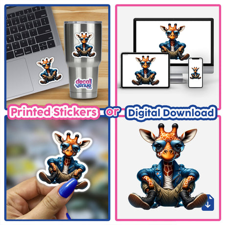 Patriotic Leather Giraffe Aviator Sunglasses sticker on a laptop, showcasing a giraffe in a blue jacket and sunglasses, ideal for DIY crafting from DecalVenue.