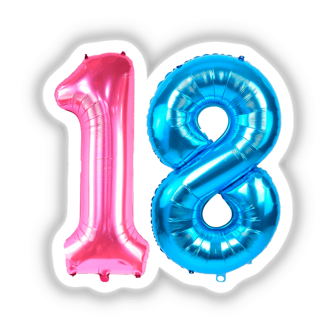 Pink and Blue #18 Balloons - Colorful inflatable number 18 balloons for digital download or stickers, part of the KareAnnArt collection at Decal Venue.