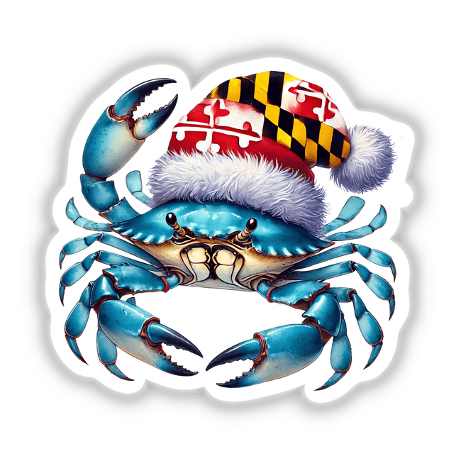 Maryland Flag Santa Blue Crab depicted wearing a festive Santa hat; available as stickers or digital artwork.