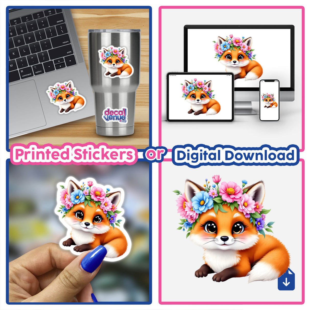 Charming Fox with a Blooming Flower Crown stickers displayed on a laptop and cup, showcasing playful cartoon fox designs adorned with flowers, perfect for adding whimsy to any space.