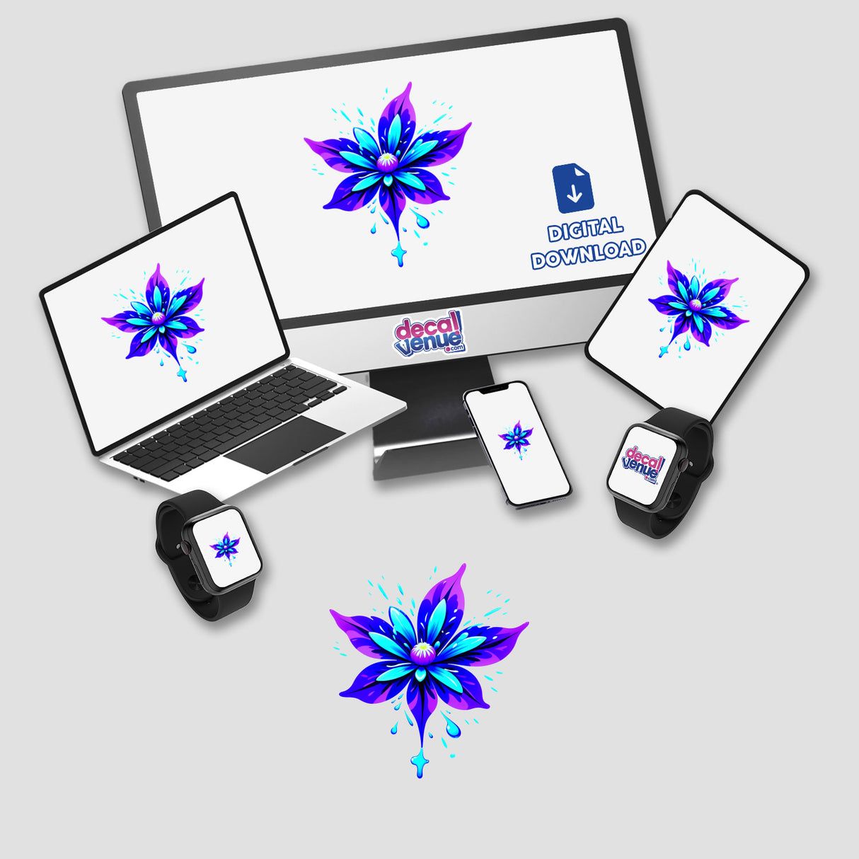 A Colorful Spring Flower displayed on a computer monitor and laptop screen, showcasing Decal Venue’s unique vinyl sticker and digital art collection.