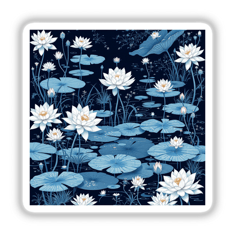 Chinoiserie Lotus Blossom Pond artwork depicting lily pads and flowers, available as stickers or digital art from Decal Venue.