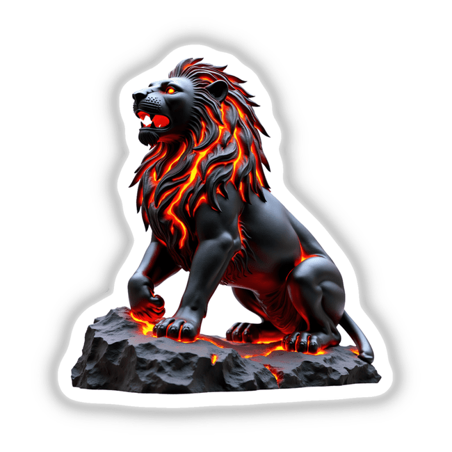Molten Lava Lion Statue featuring a fierce lion with a mane resembling red flames, available as stickers or digital artwork, highlighting unique artistry from Decal Venue.