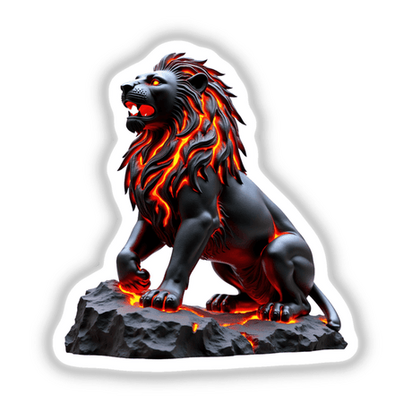 Molten Lava Lion Statue featuring a fierce lion with a mane resembling red flames, available as stickers or digital artwork, highlighting unique artistry from Decal Venue.