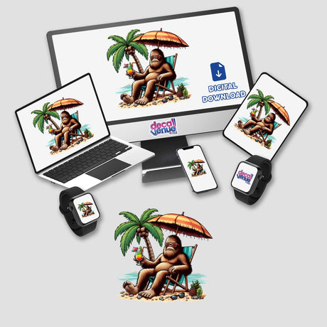 Sasquatch Chillin at Beach: A cartoon Bigfoot relaxes in a chair with a tropical cocktail, perfect for whimsical stickers or digital art, capturing a humorous summer vibe.