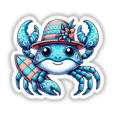 Sand Crab in Summer Beach Hat with Surfboard
