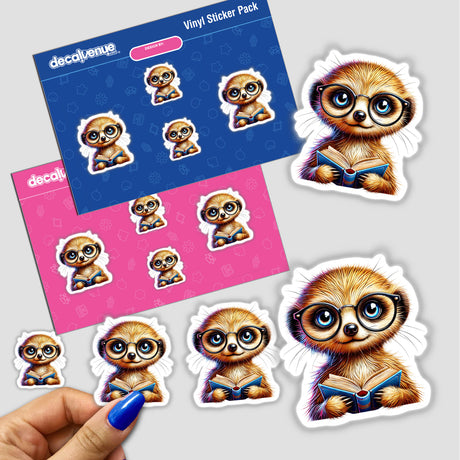 Meerkat With Reading Glasses Open Book sticker features a cartoon meerkat engrossed in a book, depicted on vinyl. The hand-held sticker showcases Decal Venue's unique art style, available as stickers or digital artwork.