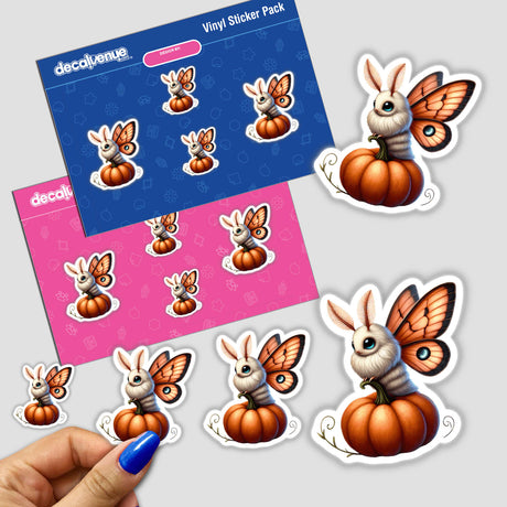Stickers featuring a cartoon rabbit sitting on a pumpkin, titled Moth on Pumpkin. Includes a close-up of a hand with blue nail polish holding the sticker pack.