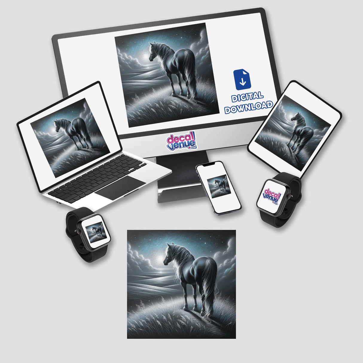 Horse on a Grassy Hill Under Moonlight depicted on various devices, showcasing a serene digital artwork available as stickers or digital downloads from Decal Venue.