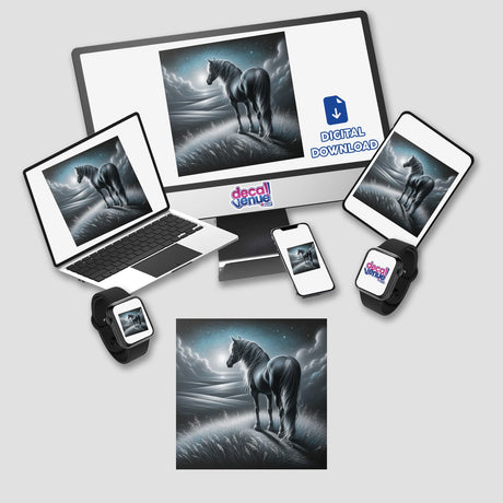 Horse on a Grassy Hill Under Moonlight depicted on various devices, showcasing a serene digital artwork available as stickers or digital downloads from Decal Venue.