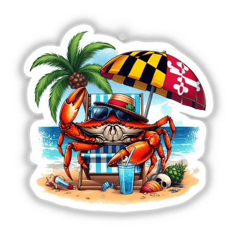 Maryland Shore Blue Crab Sitting on Beach II sticker shows a cartoon crab lounging with sunglasses and a drink, surrounded by palm trees and an umbrella, perfect for adding summer vibes to your items.