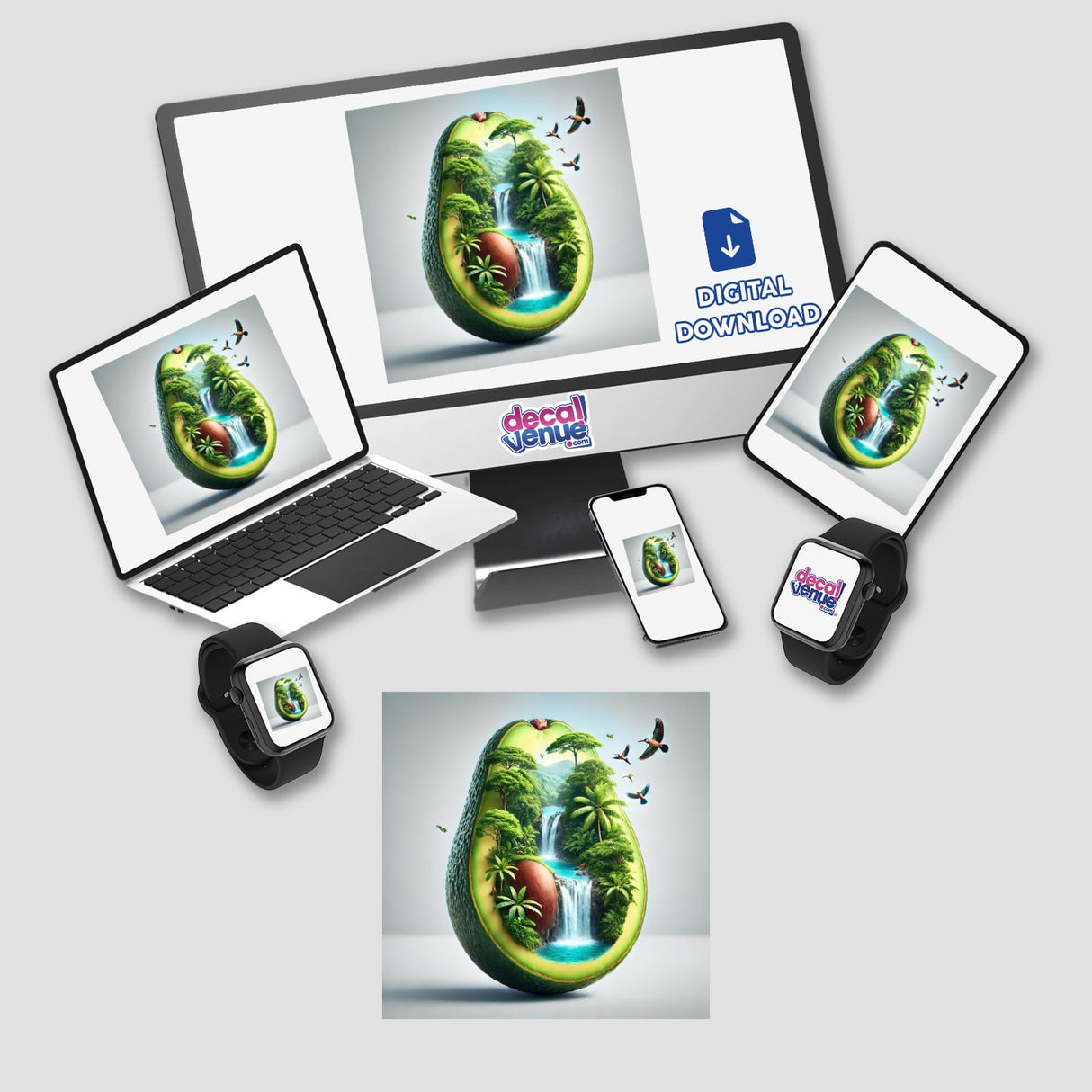 Laptop and tablet displaying Rainforest Retreat Jungle Paradise Inside an Avocado artwork, featuring an avocado cut in half with birds and a waterfall. Available as stickers or digital artwork.