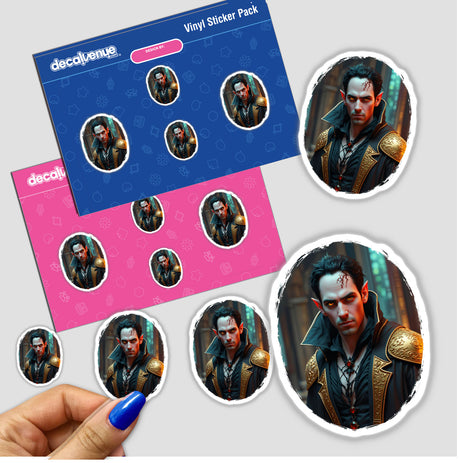 Person holding a sticker pack titled Demon Vampire Of The Underworld, featuring various characters with pointy ears and dark garments, highlighting the unique design style of Decal Venue.