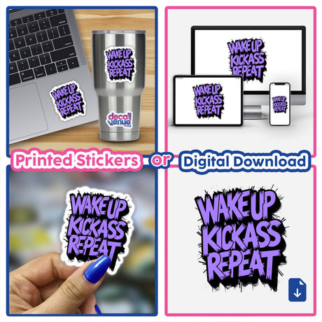 Wake Up Kick Ass Repeat Funny Quote sticker displayed on a laptop, illustrating its bold text design, available as a unique vinyl sticker or digital artwork from Decal Venue.