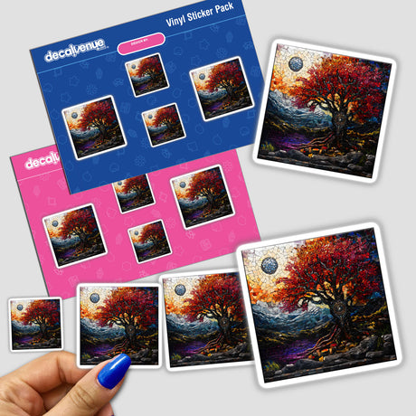 Sticker featuring the Majestic Tree with Runes Mosaic, held by a hand, showcasing intricate mosaic art of a tree with mountains in the background. Available as a sticker or digital artwork.