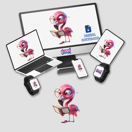 Flamingo With Reading Glasses Open Book displayed on a monitor and laptop, highlighting its availability as stickers or digital artwork from Decal Venue's unique collection.