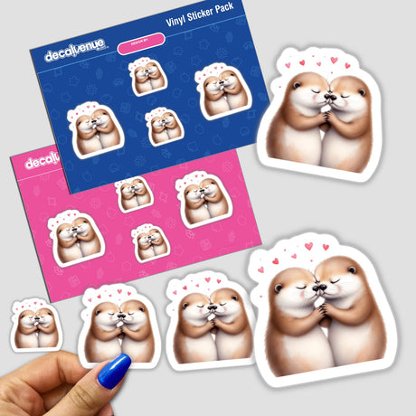 Sleeping Otters Holding Hands with Hearts: Adorable sticker pack featuring cartoon otters embracing with heart motifs, perfect for adding warmth and love to any space or device.