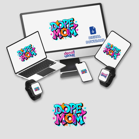 Dope Mom-themed desktop setup featuring a laptop, monitor, smartphone, and smartwatch. Available as stickers or digital artwork, perfect for tech-savvy moms who appreciate unique designs.