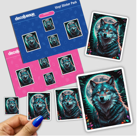 Sticker titled A Wolf In The Night With A Bright Moon, featuring digital art of a wolf with glowing orange eyes, showcasing unique design from Decal Venue.