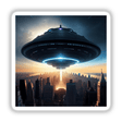Futuristic UFO hovering over a city at sunset, digital sci-fi landscape, advanced alien spacecraft