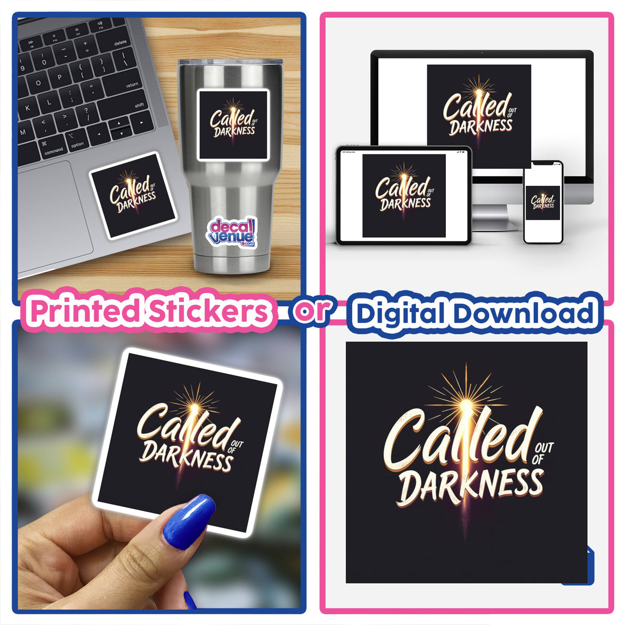 Collage featuring 'Called Out of Darkness' Christian Anti-Halloween sticker and clipart, showcasing a laptop adorned with the design, reflecting Decal Venue's unique style in stickers and digital art.